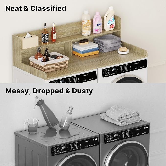 Washer Dryer Countertop with Non-Slip Pads, 2.75" H Guard, 54" W x 27.5" D Wood Laundry Countertop Cover, Large Space Washer Dryer Topper for Laundry Room Organization(Light Wood)