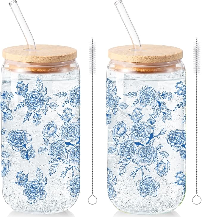 Sliner 2 Pcs Blue Flower Glass Cups Floral Gifts Drinking Glasses 16 oz Iced Coffee Tumbler with Lid Straw Beer Can Tumbler Cute Holiday Gifts for Home Office Decorations