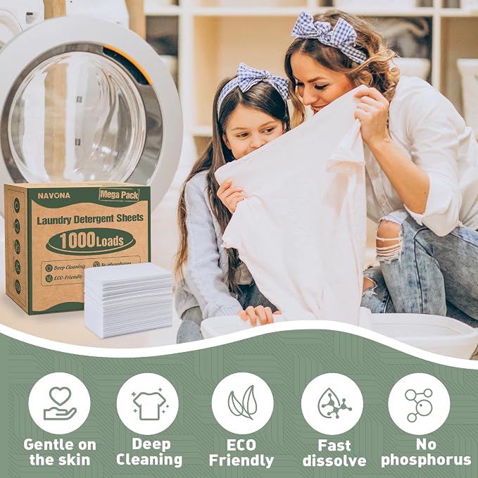 1000 Loads Mega Pack Laundry Detergent Sheets, Eco-friendly Laundry Sheets, Powerful Cleaning, Suitable for Homes, Dorms, and Apartments - [Fresh Scent]
