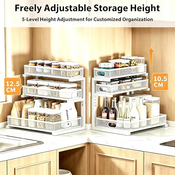 2 Pack Under Sink Organizer, 3-Tier Pull Out Kitchen Cabinet Organizer, Height Adjustable Metal Slide Out Bathroom Storage Makeup Drawer Rack for Bedroom Office Laundry Pantry Home Organization, White