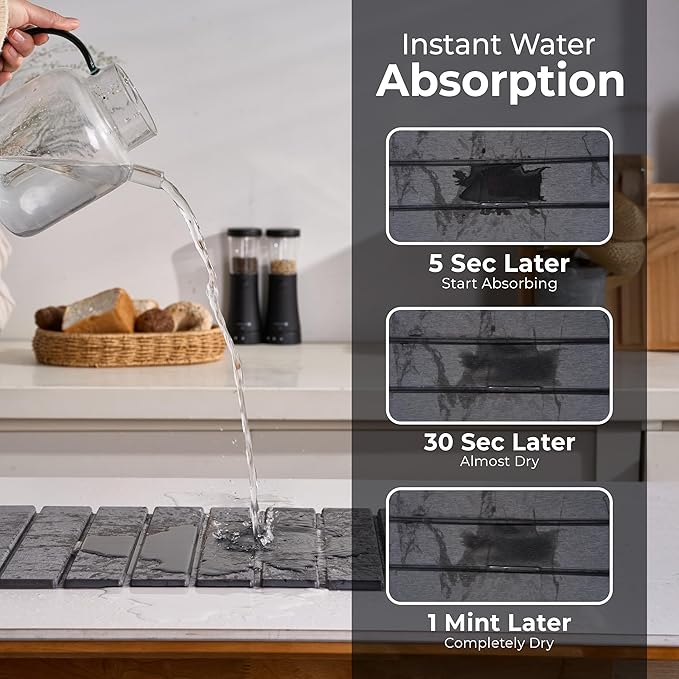 Large Stone Dish Drying Mat for Kitchen Counter, Quick Dry Stones Dishes Mats,Stone Drying Mat for Kitchen Counter, Water Absorbing Diatomaceous Earth Drying Mat (Dark Gray 24"×16" & 8"x4")