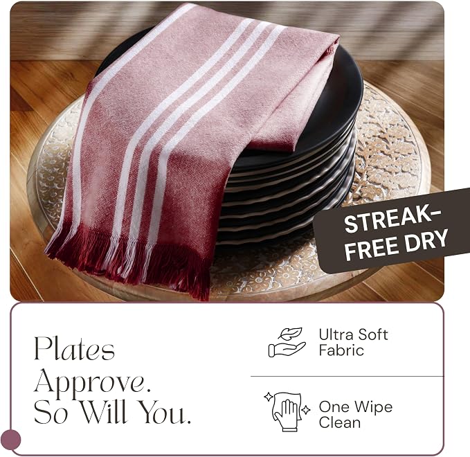 12 Pack Striped Dish Towels with Fringes, 16x26 Inch, 100% Cotton, Ultra Absorbent & Reusable, Quick Drying Kitchen Towels for Cleaning, Cooking, Brown, Forest Green, Burgundy Wine