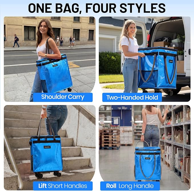 (Medium) Fanwoli Reusable Grocery Bag on Wheels with Upgraded Wrinkle-Resistant Fabric | Enhanced Stability Wheels & Extended Handle | Foldable Shopping Trolley for Laundry, Carries Up to 66 L