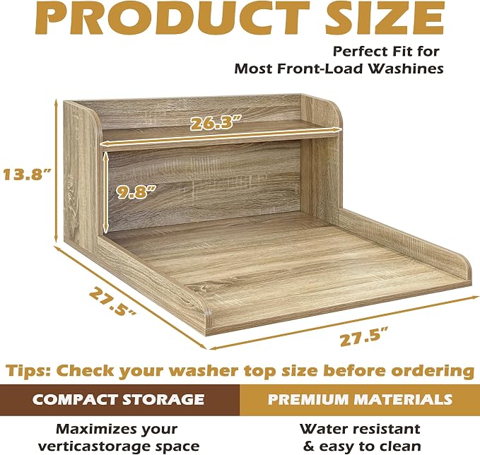 Royxen Washer Dryer Countertop with Shelf,2-Tier Laundry Countertop for Single Washer and Dryer,Soild Wood Core Washer Dryer Topper for Laundry Room Organization(White Oak)