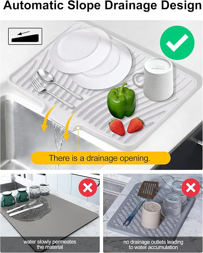 Silicone Dish Drying Mat for Kitchen Counter, Non-Slip Drain Pad with Built-in Drain, Heat Resistant Dish Drying Pad, Multi-Use Drying Mat, Dishwasher Safe & Hangable, White, 19.7" x 15"