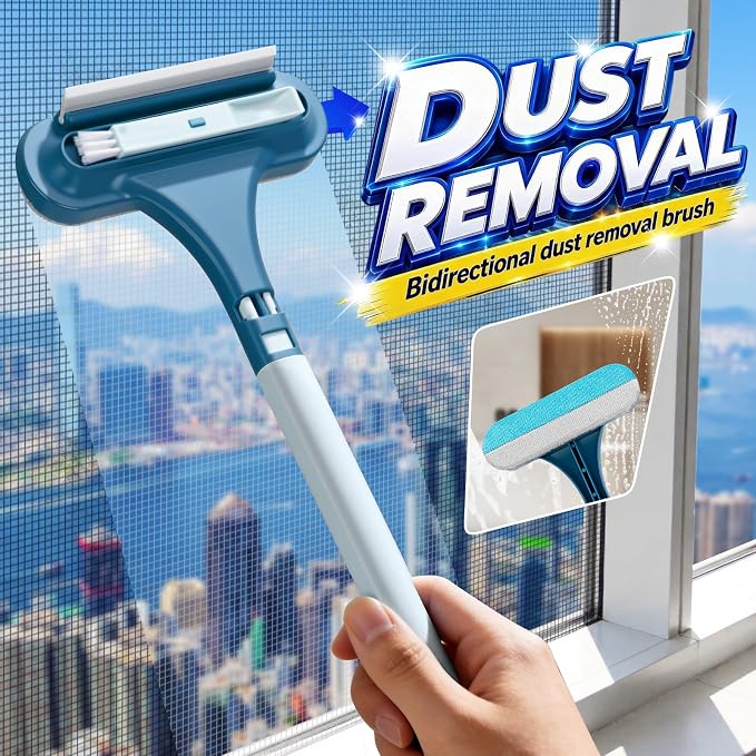 2-in-1 Screen Cleaning Brush with Squeegee - Window Mesh Cleaner & Pet Hair Remover for Couch, Multi-Use Crevice Tool for Patio and Porch Screens (Cyan Blue)