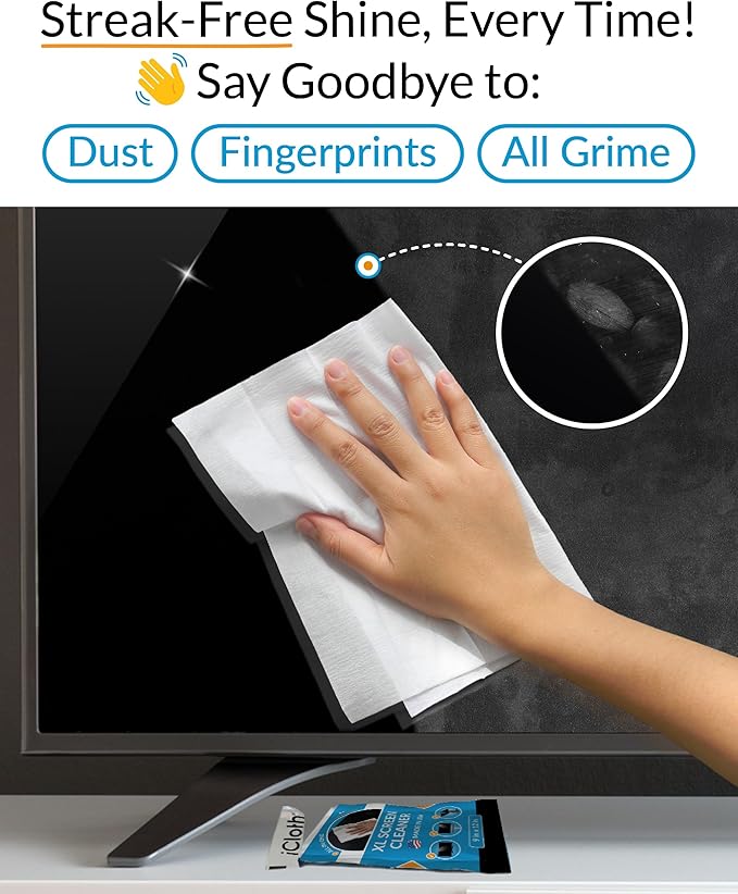 iCloth XL Screen Cleaning Wipes, Lint-Free and Streak-Free, Fast-Drying, Removes Dust, Fingerprints, and Smudges (20 XL Wipes)