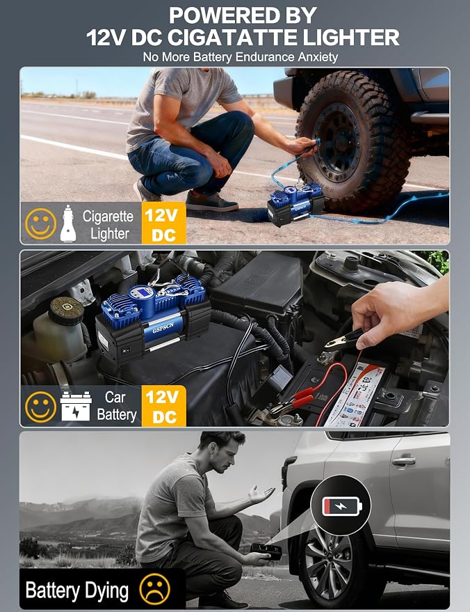 GSPSCN Heavy Duty Tire Inflator 12V Portable Digital Air Compressor Pump | w/ Tire Repair Kit & Toolbox 6X Faster Inflation Auto-Shut off Double Cylinder Metal Air Pump 150Psi for Car,SUV,Truck,RV