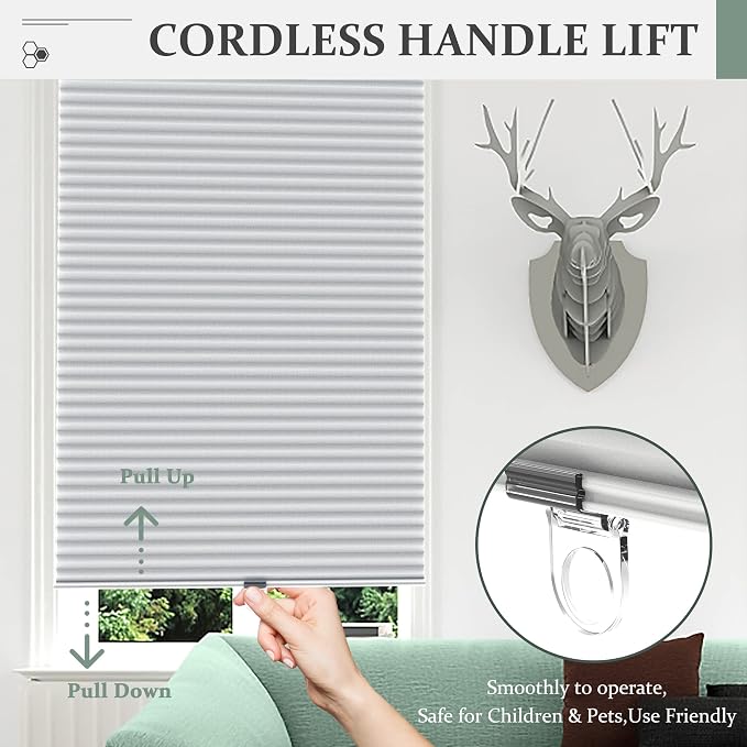 Cellular Shades, Blackout Blinds, Cordless Honeycomb Blinds for Windows, Room Darkening, Pleated Window Shades for Bedroom, Home, Dining Room, Office, Kitchen, 24" W X 64" H, White