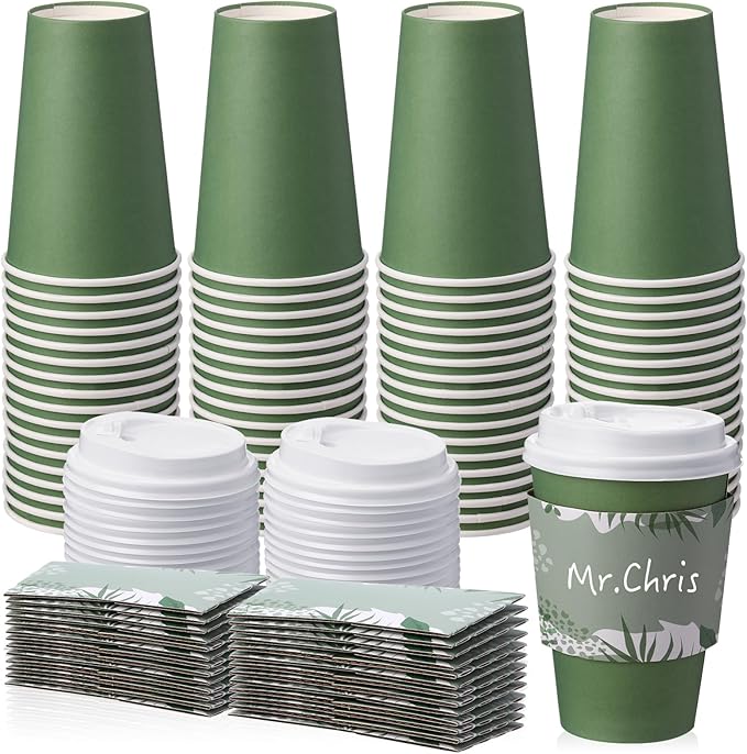 Zopeal 50 Pack Dark Green 12 oz Disposable Coffee Cups with Lids and Sleeves, Paper Hot Travel Cups for Beverages, Wedding, Baby Shower, Office and Party Supplies