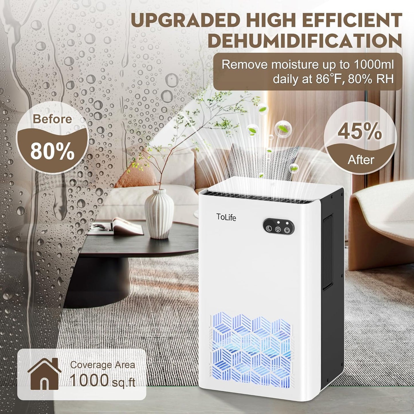 ToLife Dehumidifier for Home, 1000 sq.ft Dehumidifiers for Basement Bedroom Bathroom with 95 OZ Water Tank, Auto Shut Off 7 Colors LED Light, White Black