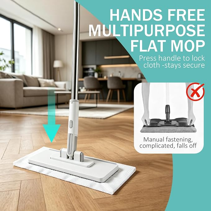 10.2x4.1x49.2 Hands Free Multipurpose Flat Mop, Zero Touch Snap Grip Mop, Auto Clamp & One-Click Release, Long Handle to Save Your Back, 360° Rotation Head, Dry Wet Use, Fits Any Cloth (Set A)