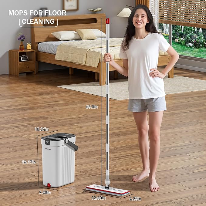 HoMettler Mop and Bucket Set, 3-Tank Flat Mop and Bucket System for Separate Dirty & Clean Water, 65" Mops for Floor Cleaning with 4 Washable Pads, Safe for Hardwood, Vinyl, Tile, Baseboards, Walls