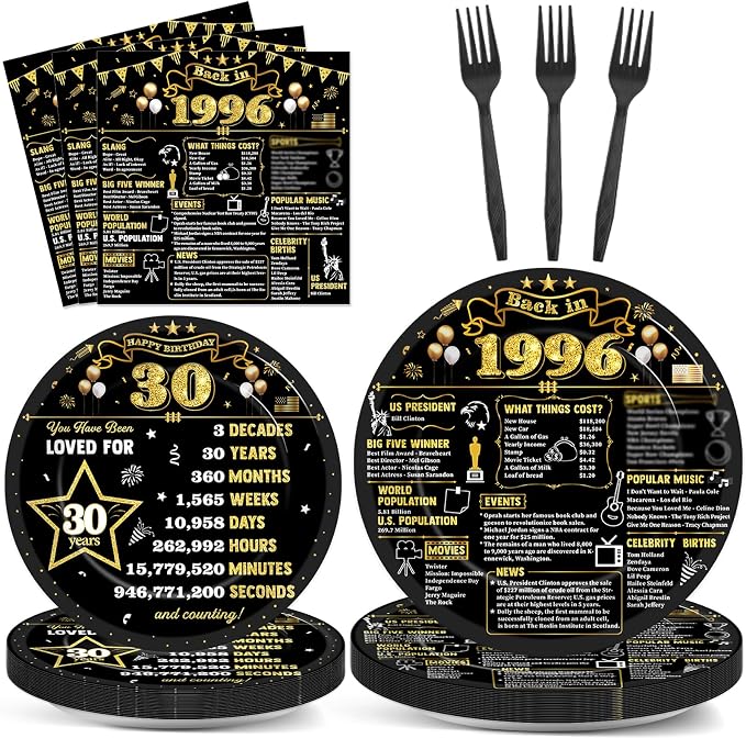 96Pcs 30th Birthday Plates and Napkins Back in 1996 Party Decorations Black Gold 30 Year Old Party Dessert Plates 1996 Birthday Tableware for 24 Guests 30th Theme Men Woman Bday Parties Supplies