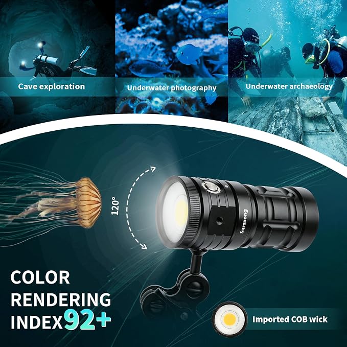 Starshine SE 7500 Lumens Dive Light - Professional Underwater Video Light with 92 CRI, 5200K White Light, USB-C Rechargeable, for Diving/Underwater Photography (IP68 Waterproof, 100m Depth)