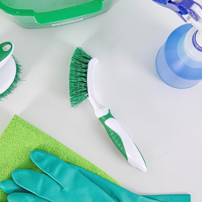 Restaurantware Grout Brush 1 Pack of 9 Tile Scrubbing Brush Stiff Bristle Ergonomic Handle Angled Head Narrow Design Green and White Plastic Cleaning Tool