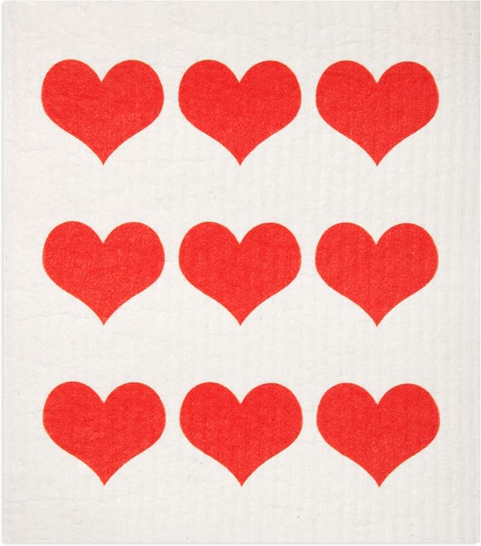Swedish Dishcloths 2-Pack - Reusable Eco-Friendly Sponge Cloths, Super Absorbent Biodegradable Kitchen Cleaning Towels, Machine Washable, Red Hearts Row Design, 7.87"x6.88"