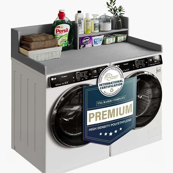 Premium HDPE Washer and Dryer countertop with Shelf 54"x27.5" | Waterproof washer dryer topper for Laundry Room Organization, Folding Clothes, Sorting & Storage