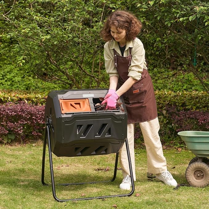 East Oak Compost Tumbler Outdoor, 43-Gal Dual Chamber Compost Bin with 2 Sliding Door and Aeration System, Tumbling Rotating Composter Bin for Garden, Kitchen, Yard