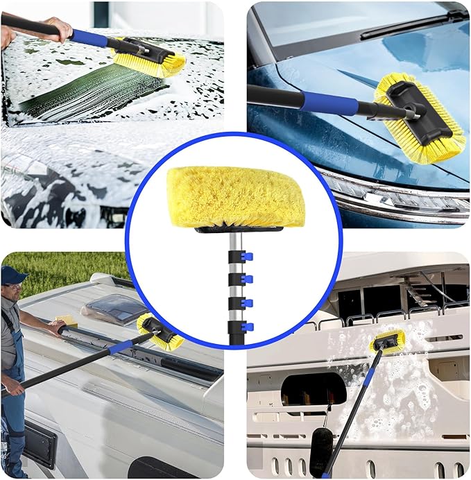 18Ft Reach Car Wash Brush with Long Handle, Car Cleaning Brush 12-Inch Soft Bristles, 3-12Foot Aluminium Telescoping Pole for Scratch-Free Cleaning RV, Car, Boats, Truck, Floors, Solar Panels