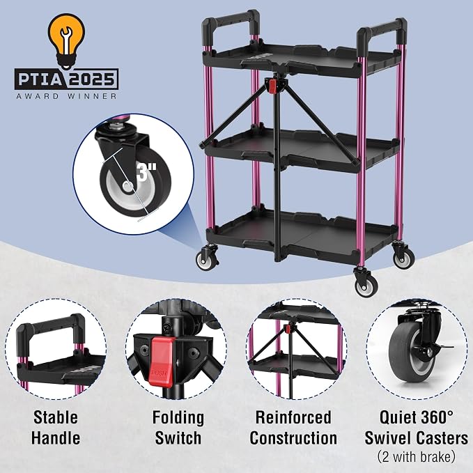 WORKPRO 3-Tier Collapsible Service Cart, Black/Pink, 210 LBS Foldable Utility Cart with Wheels, Portable Rolling Tool Cart for Garage, Warehouse, Home, Restaurant and Office (No Assembly Required)
