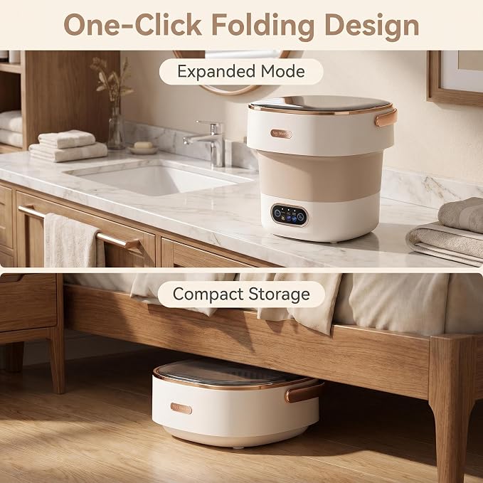 Portable Collapsible Mini Washer with 3 Cleaning Modes & Drain Basket, 16L Foldable Small Laundry Machine for Travel Camping Dorms RV Apartments, Baby Clothes Underwear Socks Delicates (khaki)