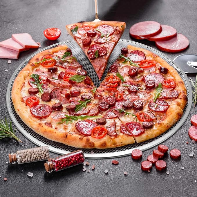Nuogo 5 Pcs 14 Inch Pizza Pan with Holes Aluminum Mesh pizza Screen Seamless Round Tray for Oven Nonstick Baking Sheet for Kitchen Bakery Restaurant BBQ Party Cookware Supplies