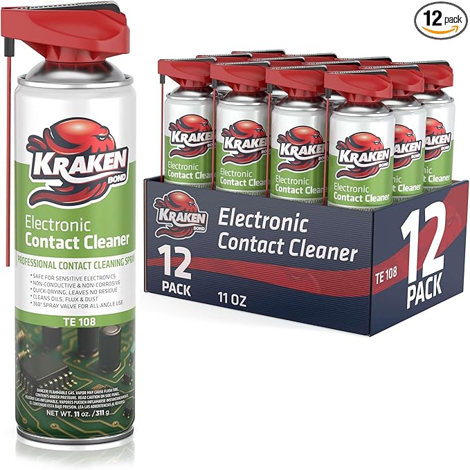 KRAKEN BOND Electronic Contact Cleaner Spray – (12X11 Oz) – Fast-Drying, Residue-Free, Non-Conductive Cleaner for Sensitive Electronics, Automotive, Circuit Boards & Connectors – 12 Pack
