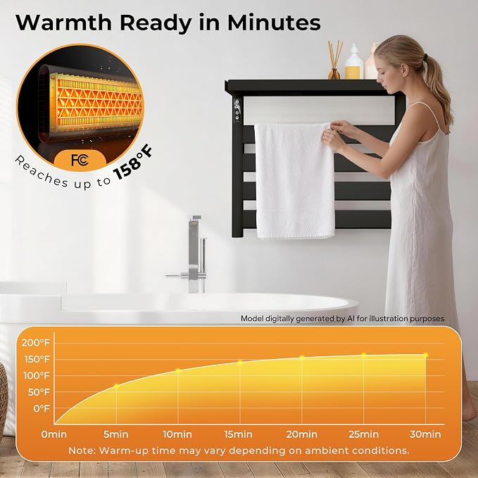 Electric Heated Towel Rack with Removable Top Shelf, Wall Mounted Bathroom Towel Warmer & Drying Rack, 158°F Fast Heating with Touch Screen Timer, Home Spa Towel Holder, Matte Black / Cream White