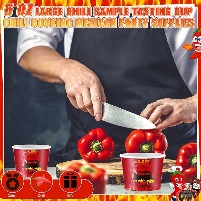 Ziliny 200 Pcs Chili Cook off Party Decorations Disposable Chili Cook off Paper Tasting Cups Food Sample Bowls for Mexican Party Supplies(Classic,5 oz)