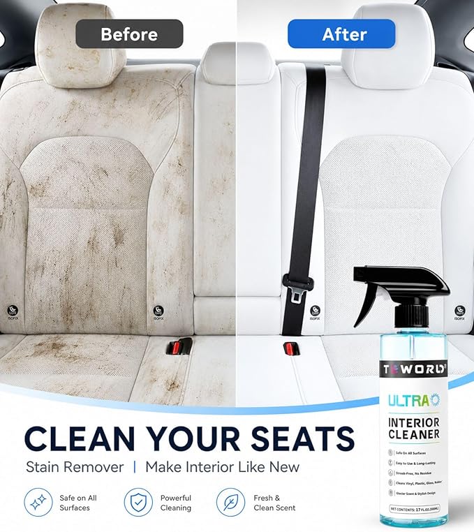 Tesla Seat Cleaner & Stain Remover, Interior Cleaner for White & Black Vegan Leather, Interior Cleaning Kit for Seats, Console, Dash, Model 3, Y, S, X, Cybertruck Accessories (Ice Blue)