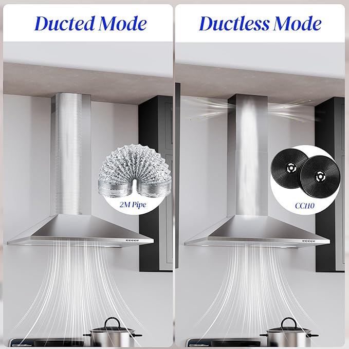 FIREGAS Range Hood 30 inch, Wall Mount Range Hood with LED Lights, 3-Speed Exhaust Fan, Ducted/Ductless Convertible, Aluminum Mesh Filters, Button Controls, Stainless Steel Kitchen Vent Hood