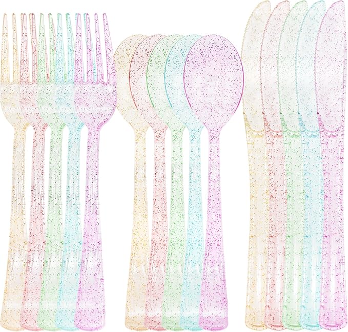 150 PCS Clear Pastel Plastic Silverware Disposable Pastel Utensils Set Heavy Duty Includes 50 Forks 50 Knives 50 Spoons for Birthday Wedding Baby Shower, Tea Party