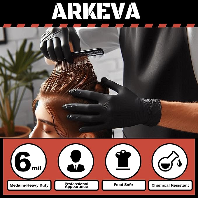 ARKEVA Black Nitrile Disposable Gloves 6 Mil. Chemical Resistance, Tear-Resistance, Latex & Powder Free