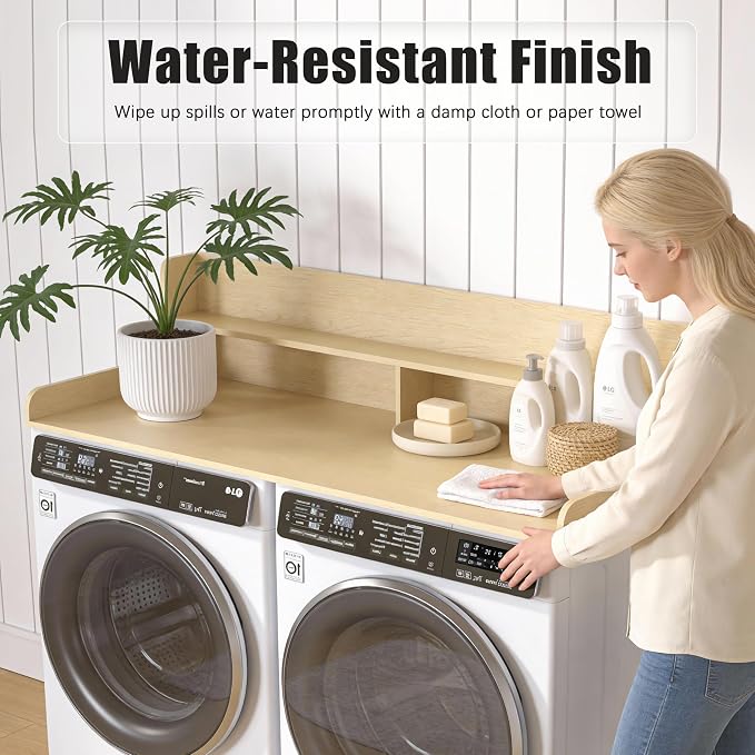 Piskyet Washer Dryer Countertop,2- Tier Laundry Countertop with Edge Rails,27.5" Depth x 54" Wood Countertop,Laundry Machine Topper for Laundry Room Organization and Storage(Natural Wood Color)