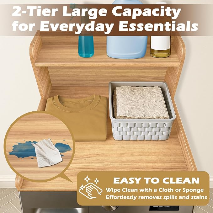 Royxen Washer Dryer Countertop with Shelf,2-Tier Laundry Countertop for Single Washer and Dryer,Soild Wood Core Washer Dryer Topper for Laundry Room Organization (Oak)