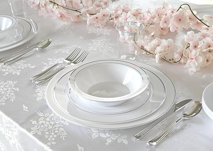 " OCCASIONS " 40 Piece Plates Pack, Heavyweight Disposable Wedding Party Plastic Bowls (14 oz Soup Bowl, White & Silver Rim)