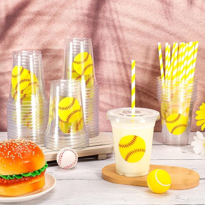 Whaline 50Pcs 12Oz Softball Disposable Plastic Cups with Lids and Straws Cute Softball Cold Beverage Drinking Cups for Sports Theme Birthday Party Supplies