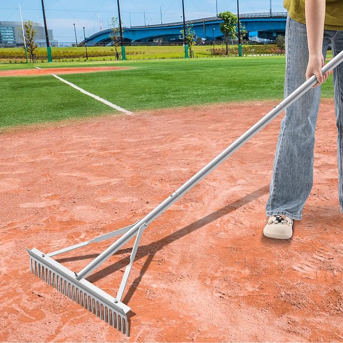 Qinyoung Aluminum Maintenance Rake 24 Inch Baseball Field Garden Landscape Rake with 66''-98'' Adjustable Handle for Yard Lawns Lake Weed Care Gardening Loosening Soil