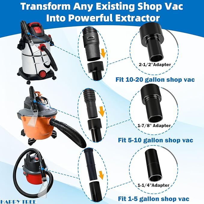 Happy Tree Universal Fits All Brands' Shop Vacs with 2-1/2" & 1-7/8" & 1-1/4" Adapter Clear Extraction Accessory for Auto Detailing, Shop Vac Extractor Attachment Kit for Wet-Dry Vacuum Cleaners