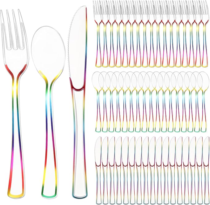 Minatee 150 Pcs Rainbow Plastic Silverware, Clear Disposable Cutlery Set Heavy Duty Utensil Sets 50 Forks 50 Knives 50 Spoons for Birthday Party Home Office School Picnics Restaurant Outdoor Events