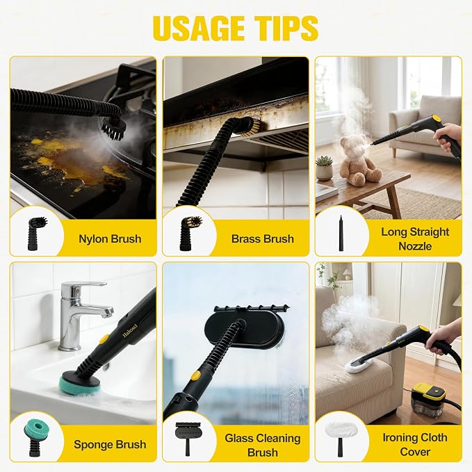 1500W Portable Steam Cleaner,10s Heat-Up,3-Level Adjustable Handle, 1.69 Quarts Large Tank,11 Pcs Accessories, Steamer for Home Dirt, Grout, Floor, Grease,and Car Detailing, Black-Yellow