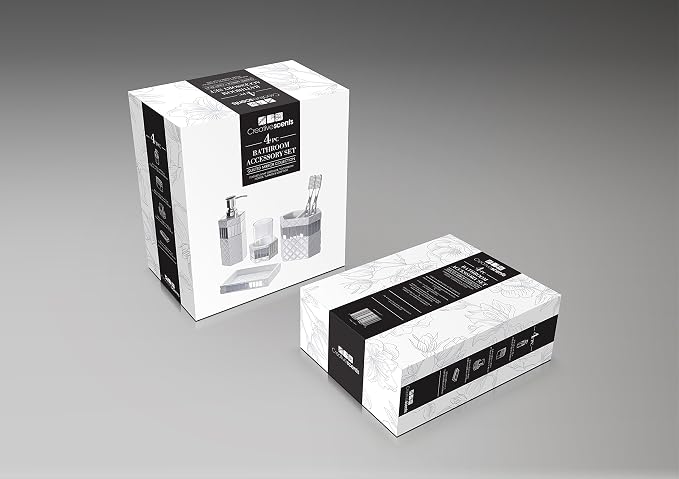 Creative Scents Quilted Mirror White Bathroom Accessories Set - Decorative 4 Piece Bathroom Set - Mirrored Bathroom Accessory Set Includes: Soap Dispenser, Toothbrush Holder, Tumbler & Soap Dish