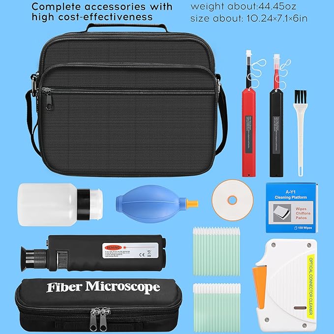 13 Piece kit Fiber Optic Cleaning Tool kit with 400x Optical Fiber Microscope Cleaner SC LC Cleaning Pen 2.5mm 1.25mm Interface Cleaning Box with Replace core Fiber Optic Cleaner kit