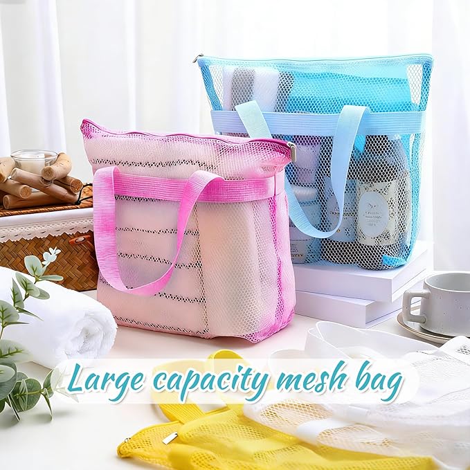 6 Pcs Mesh Shower Caddy Bags Portable Mesh Beach Bags Bulk with Zipper & 2 Pockets Hanging Toiletry and Bath Organizer for Gym Swimming Travel Camping College Dorms Beach (Macaron Color)