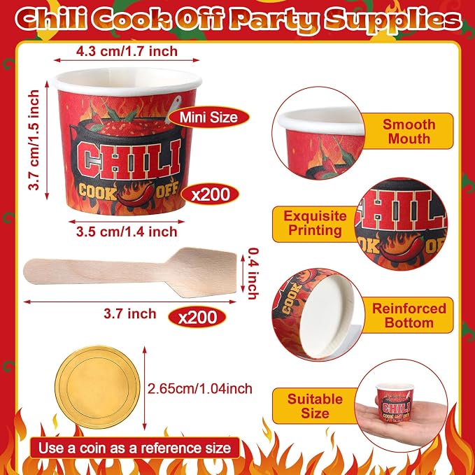 Teenyyou 400 Pcs Chili Cook off Party Decorations, 200 Pcs 2 oz Mini Chili Cookoff Paper Cups and 200 Wooden Spoons Pepper Cook off Parties Decorations for Competition Prize Party Cooking Supplies