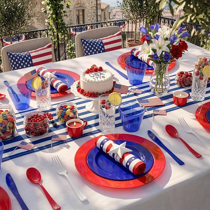 KIRE 150PCS 4th of July Plates & Red White Blue Disposable Plastic Silverware &Clear Blue Cups-American Flag Patriotic Party Supplies for Celebration Activities,Independence Day, Memorial Day