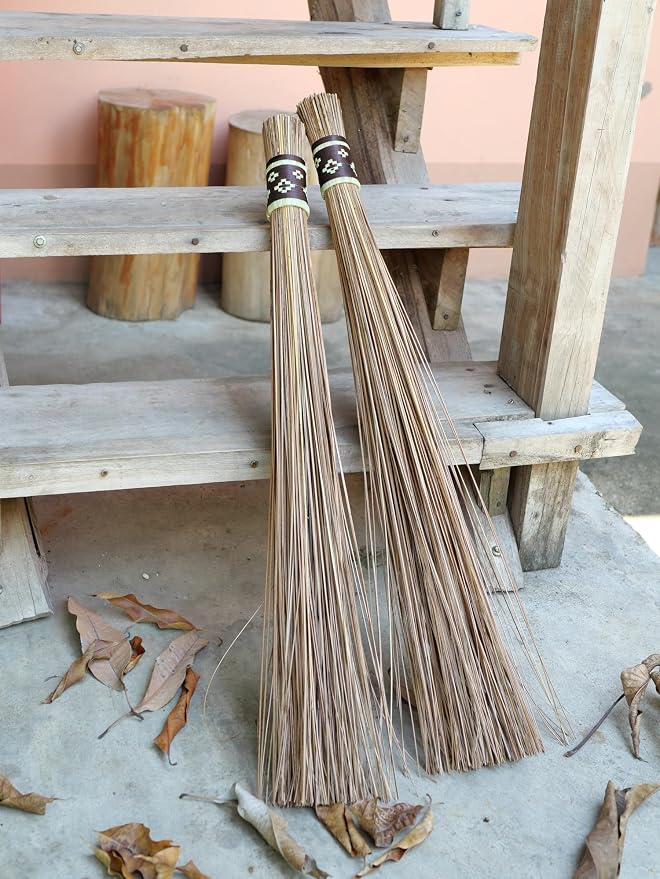 32 inch Multi-Surface Sturdy Outdoor Authentic Coconut Leaf Broom Asian Heavy Duty Broom Thai Natural Coconut Leaf Broom (Country Rustic) 1 Piece (Brown)
