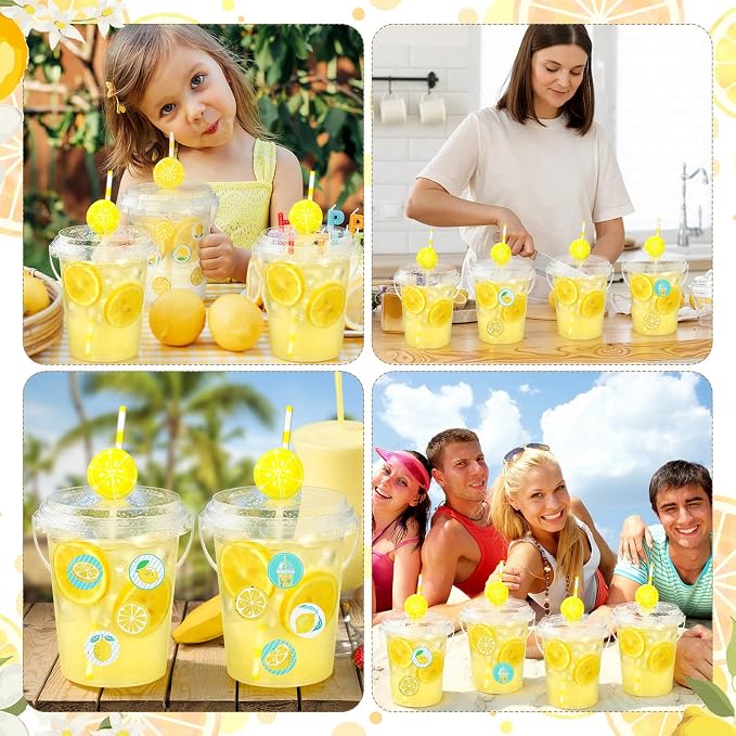 30 Sets 34 oz Large Lemon Plastic Cups with Lids Straws Stickers Lemonade Cups Yellow Cold Beverage Drinking Containers for Lemonade Bar Supplies Stand Supplies Birthday Party Decoration