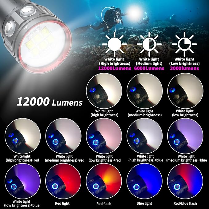 Diving Flashlight, L24 12000Lumens Dive Light,100m Underwater Video Light, Scuba Dive Lights, Underwater flashlights with Type-C Charging for Professional Under Water Sports